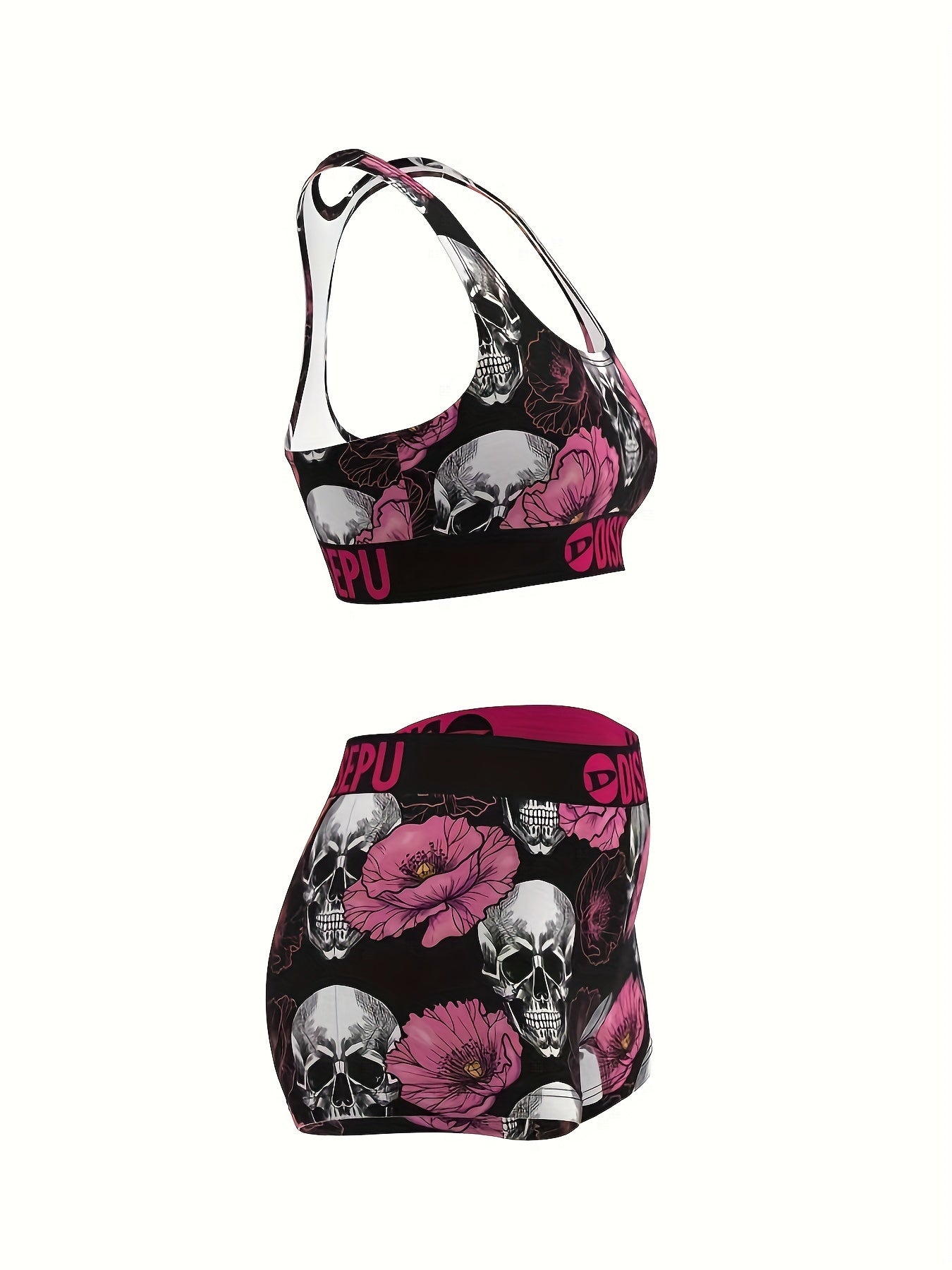 Women's Skull Pink Flower Print Sports Bra and Shorts Set - 2 Piece Gothic Floral High Stretch Activewear for Gym Yoga Running Halloween Workout, Breathable Athletic Outfit Sizes S-XXL