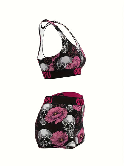Women's Skull Pink Flower Print Sports Bra and Shorts Set - 2 Piece Gothic Floral High Stretch Activewear for Gym Yoga Running Halloween Workout, Breathable Athletic Outfit Sizes S-XXL