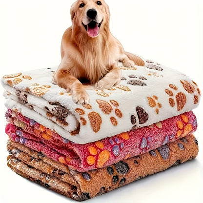 Fleece Pet Blanket 3-Pack for Dogs Cats & Puppies – Super Soft Fluffy Tear-Resistant Flannel Throw, Paw Print Brown Pink White, Machine Washable, Includes Free Pet Drying Towel
