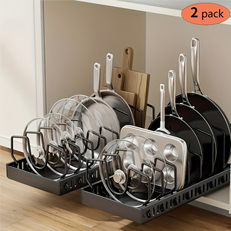 Pull Out Pot & Pan Organizer Rack for Under Cabinet – Slide Out Lid Holder with 8 Adjustable Compartments, Drill-Free Install, Kitchen Cabinet Cookware & Baking Sheet Organizer – 1pc or 2pcs