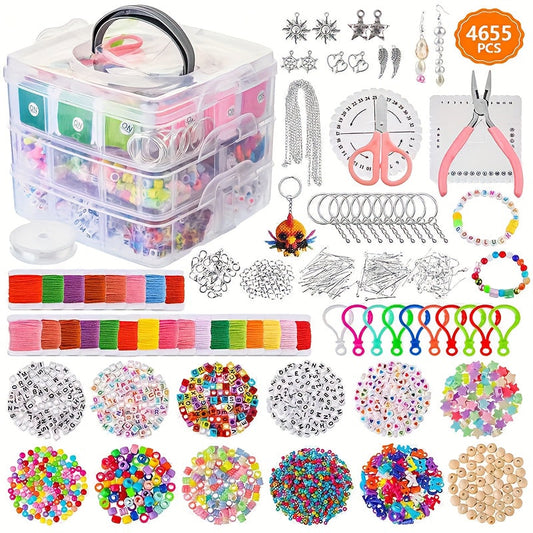 DIY Jewelry Making Kit 4655pcs Beads Bracelet Necklace Earring Set with 3-Tier Organizer Box Letter Charms Tools Gift for Girls Women