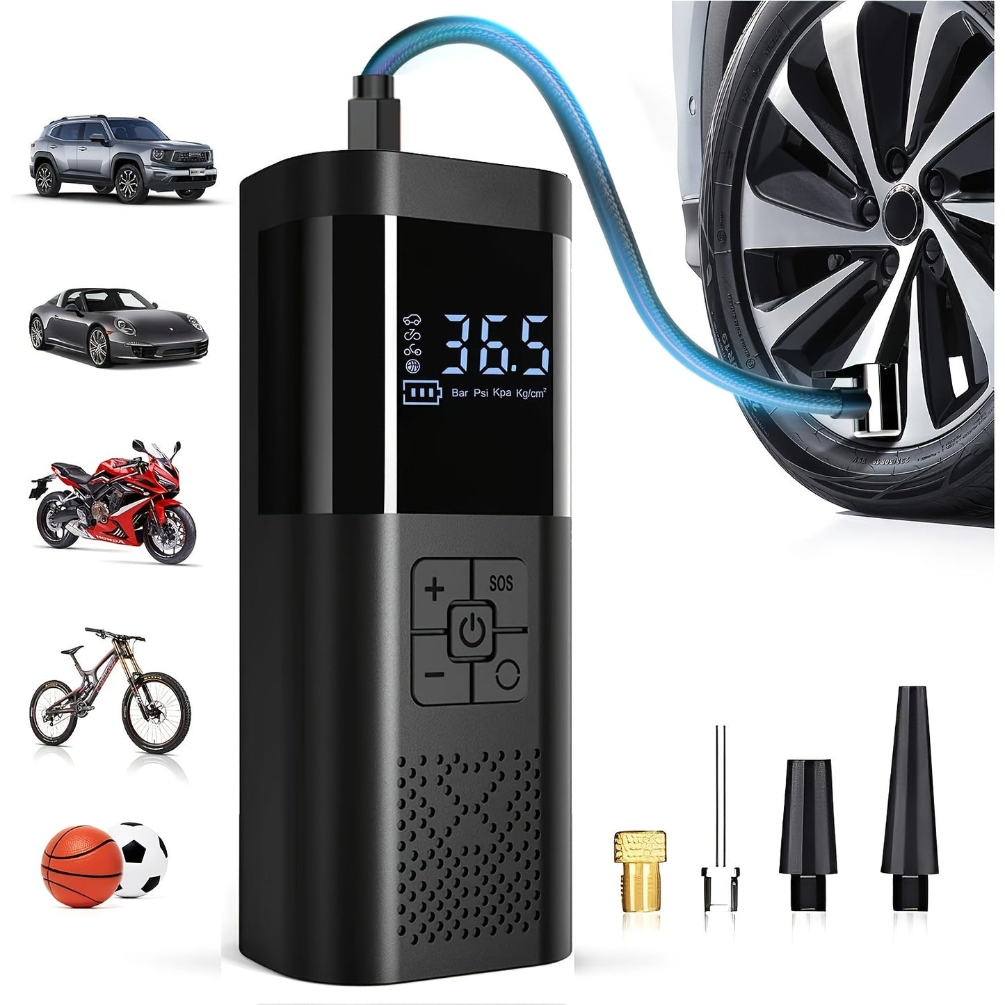 Portable Tire Inflator 150PSI Cordless Air Compressor | 6000mAh Battery, 3X Fast Inflation, LCD Pressure Gauge, Auto Shutoff, LED Light, USB-C – For Cars, Motorcycles, Bicycles & Balls