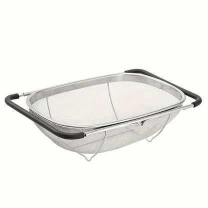 Expandable Stainless Steel Colander Strainer – Fine Mesh Drain Basket for Vegetables Fruits Pasta, Food-Safe Kitchen Essentials, Adjustable Size, Easy Storage