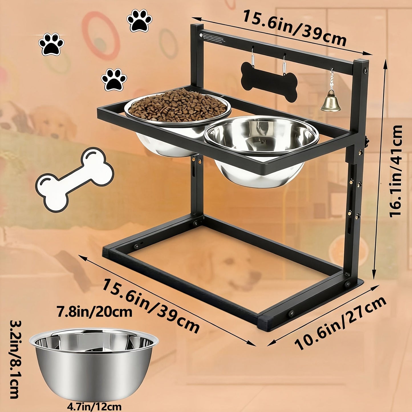 Adjustable Elevated Dog Bowl Stand with 2 Stainless Steel Bowls – Sturdy Metal Raised Feeder for Large & Medium Dogs, Height Adjustable Ergonomic Dog Food & Water Bowl Holder, Black