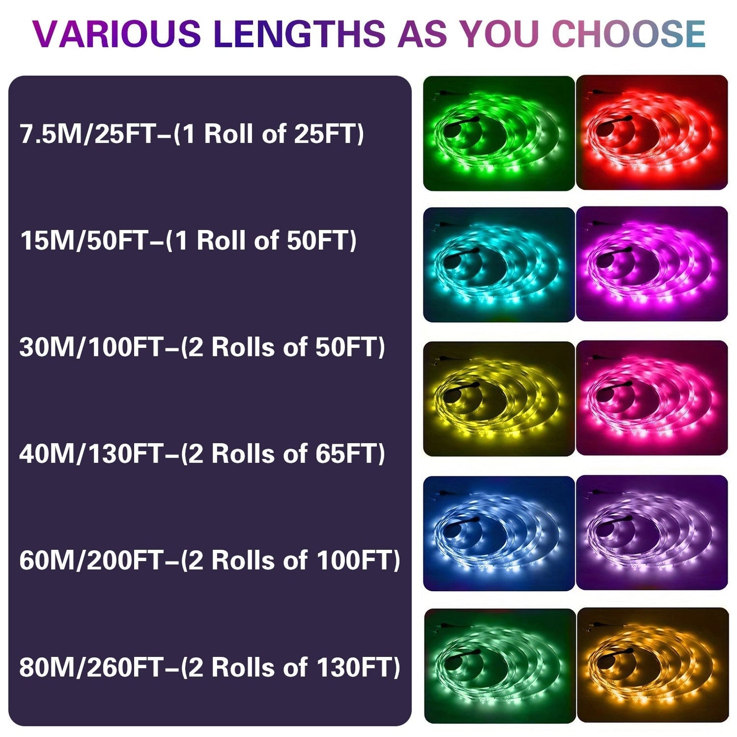 RGB LED Light Strip 50ft to 260ft – Color Changing with 44-Key Remote Control, DIY Mode, Dimmable, for Bedroom, Living Room, Christmas, Holiday Party & Home Decoration