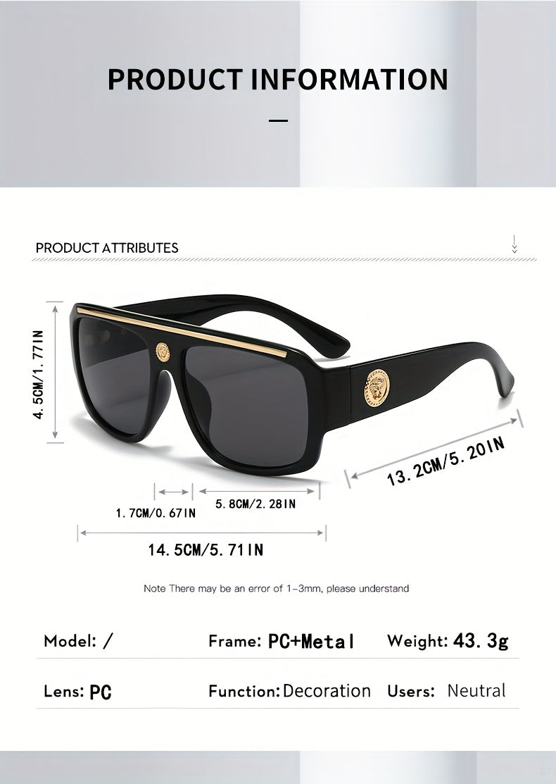 Cyberpunk Oversized Square Sunglasses for Men – Extra Large Frame 139mm+, Black & Gold Metal Trim, Decorative Lens, Futuristic Street Fashion & Cosplay Eyewear