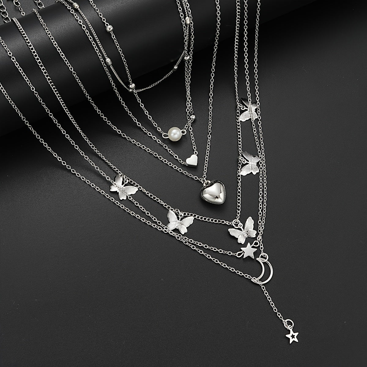 108pcs Women Jewelry Set Vintage Butterfly Heart Rhinestone Necklace Bracelet Anklet Ring Earrings Bundle Multi-Layer Chains Silver Fashion Jewelry Gift for Her