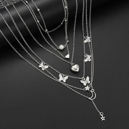 108pcs Women Jewelry Set Vintage Butterfly Heart Rhinestone Necklace Bracelet Anklet Ring Earrings Bundle Multi-Layer Chains Silver Fashion Jewelry Gift for Her