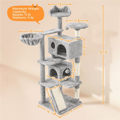 57-Inch Multilevel Cat Tree Tower with 2 Condos – Sisal Scratching Posts, Dangling Ball, Round Platform & Ladder for Indoor Kittens & Small Cats, 6 Colors, Christmas Gift for Cat Lovers
