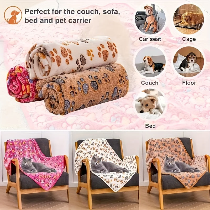 Soft Coral Fleece Pet Blankets for Dogs and Cats 3-Pack - 100% Polyester Paw Print Design Machine Washable, All-Season Throw Blanket for Small Medium Large Breeds, Cozy Pet Bed Cover