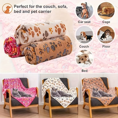 Soft Coral Fleece Pet Blankets for Dogs and Cats 3-Pack - 100% Polyester Paw Print Design Machine Washable, All-Season Throw Blanket for Small Medium Large Breeds, Cozy Pet Bed Cover