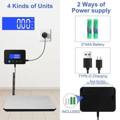 Digital Shipping Scale 440 lbs High Precision 0.5oz Accuracy for Postal Mail Packages, Small Business Warehouse Home Use, Includes Batteries & Charging Cable