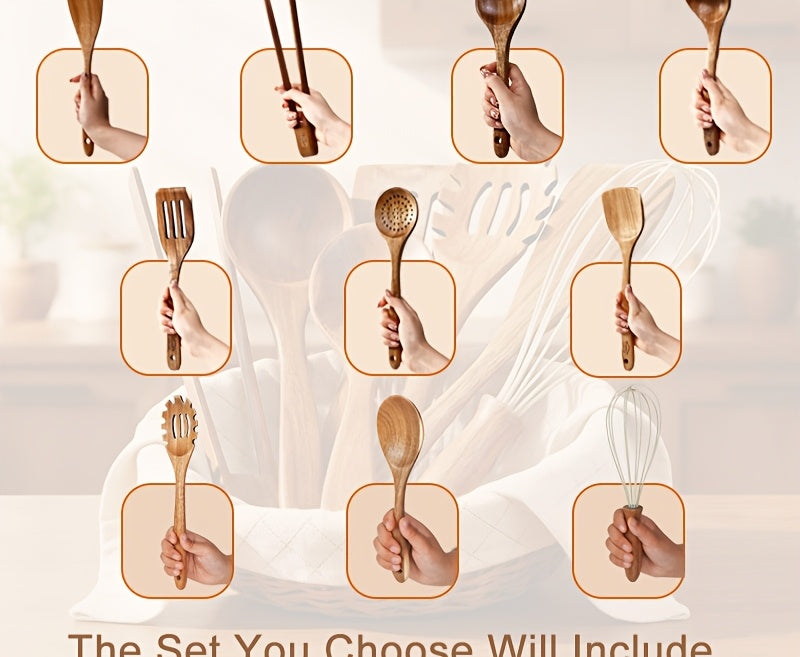 Wooden Kitchen Utensils Set 3/5/7 Piece, Natural Wood Spoons Spatulas Spurtle Ladle & Wok Spatula with Ergonomic Handles, Heat-Resistant Non-Stick Safe Heavy-Duty Cooking Tools for Home Kitchen
