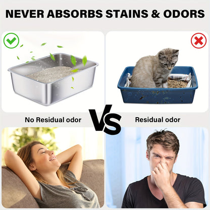 Stainless Steel Cat Litter Box XL – 2-Pack Extra Large Metal Litter Box, 6" Deep High Sides, Easy to Clean, Odor Resistant, for Big Cats & Multi-Cat Households, Rectangle Corner-Fit Design