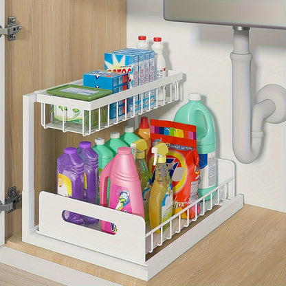 Under Sink Organizer with Sliding Pull-Out Shelf – Two-Level Metal Cabinet Storage Rack for Kitchen, Bathroom, Pantry & Closet, Space-Saving Under Sink Cabinet Organizer, Available in 1-Pack & 2-Pack