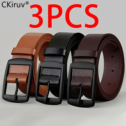 3-Pack Men's PU Faux Leather Belt Set – Casual Designer Style Alloy Buckle Belts for Jeans in Black, Brown & Khaki, Sizes 110-130cm
