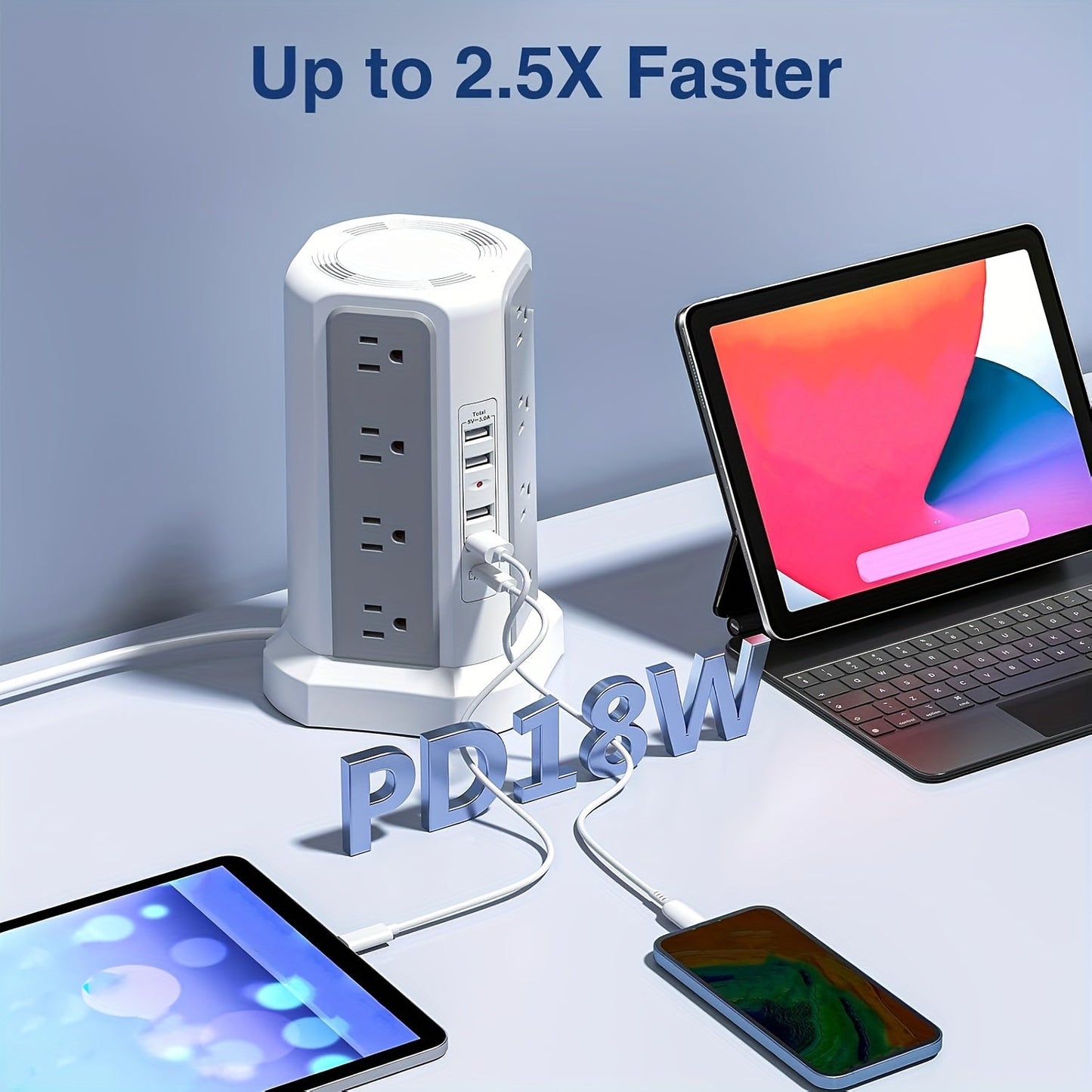 Tower Surge Protector Power Strip 12 AC Outlets 5 USB Ports PD 18W USB-C Fast Charging 10FT Extension Cord 1800J Surge Protection 4 Switches for Home Office Desk Dorm Room – Space-Saving Vertical Design