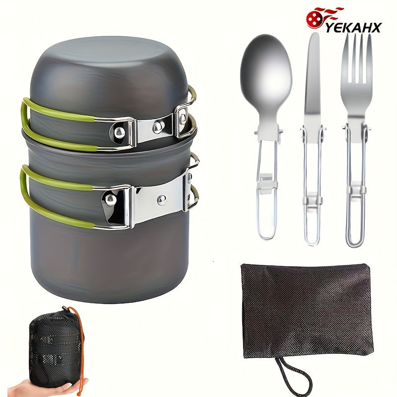 304 Stainless Steel Camping Cookware Set with Foldable Storage – Durable Compact Pot with Knives & Forks Utensils for Outdoor Backpacking Hiking Picnics & Camping, Green & Orange, Lightweight Camp Kitchen Kit