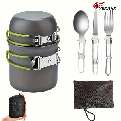 304 Stainless Steel Camping Cookware Set with Foldable Storage – Durable Compact Pot with Knives & Forks Utensils for Outdoor Backpacking Hiking Picnics & Camping, Green & Orange, Lightweight Camp Kitchen Kit