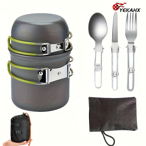304 Stainless Steel Camping Cookware Set with Foldable Storage – Durable Compact Pot with Knives & Forks Utensils for Outdoor Backpacking Hiking Picnics & Camping, Green & Orange, Lightweight Camp Kitchen Kit