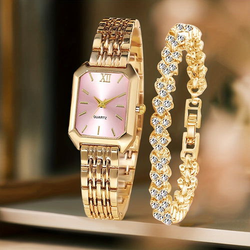 Women's Retro Quartz Watch Set 2pcs – Elegant Heart Chain Stainless Steel Rectangular Dial Analog Wristwatch, Court Style Luxury Timepiece Gift for Wedding, Easter, Birthday & Casual Wear
