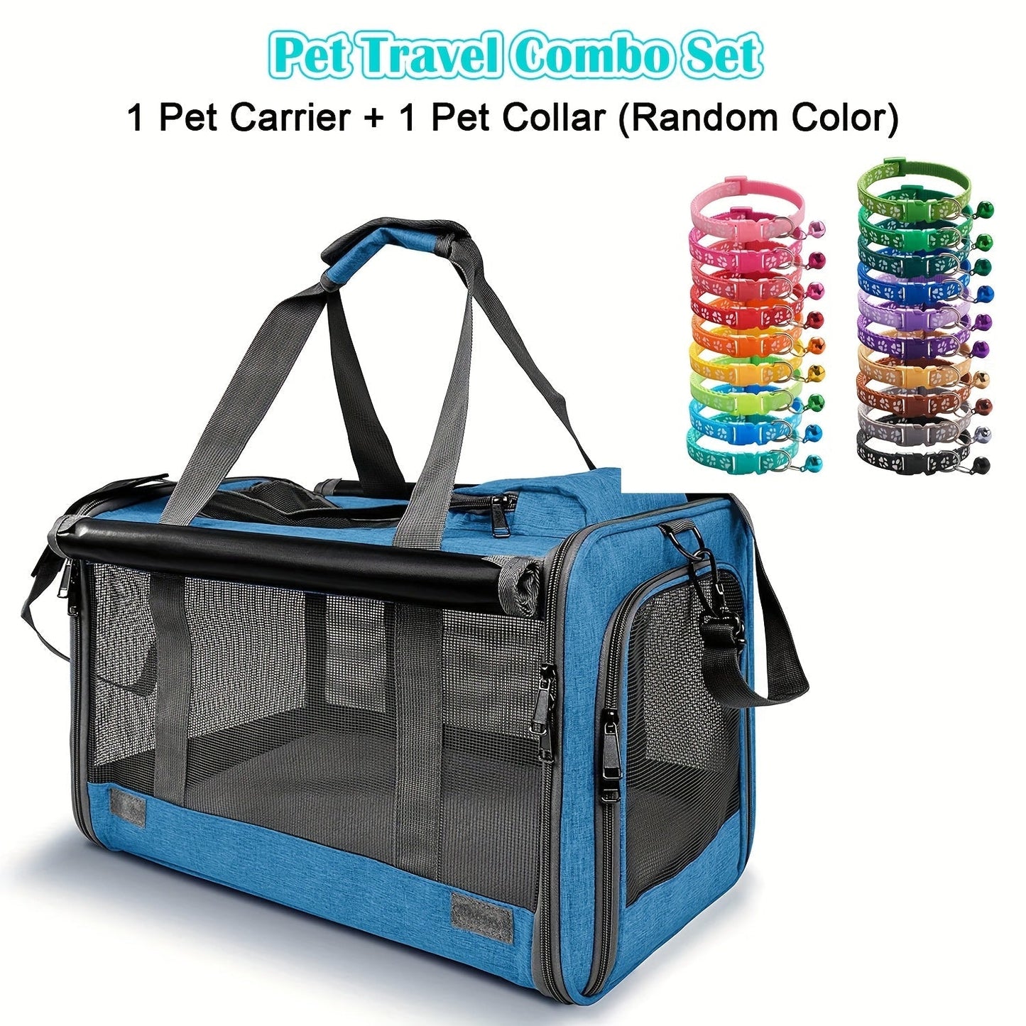 Airline Approved Pet Carrier Soft Sided – Breathable Collapsible Travel Bag for Cats & Small Dogs with Accessories Bundle Collar Bowls or Pet Glove 10 Colors Pink Blue Black Gray Navy Green Orange