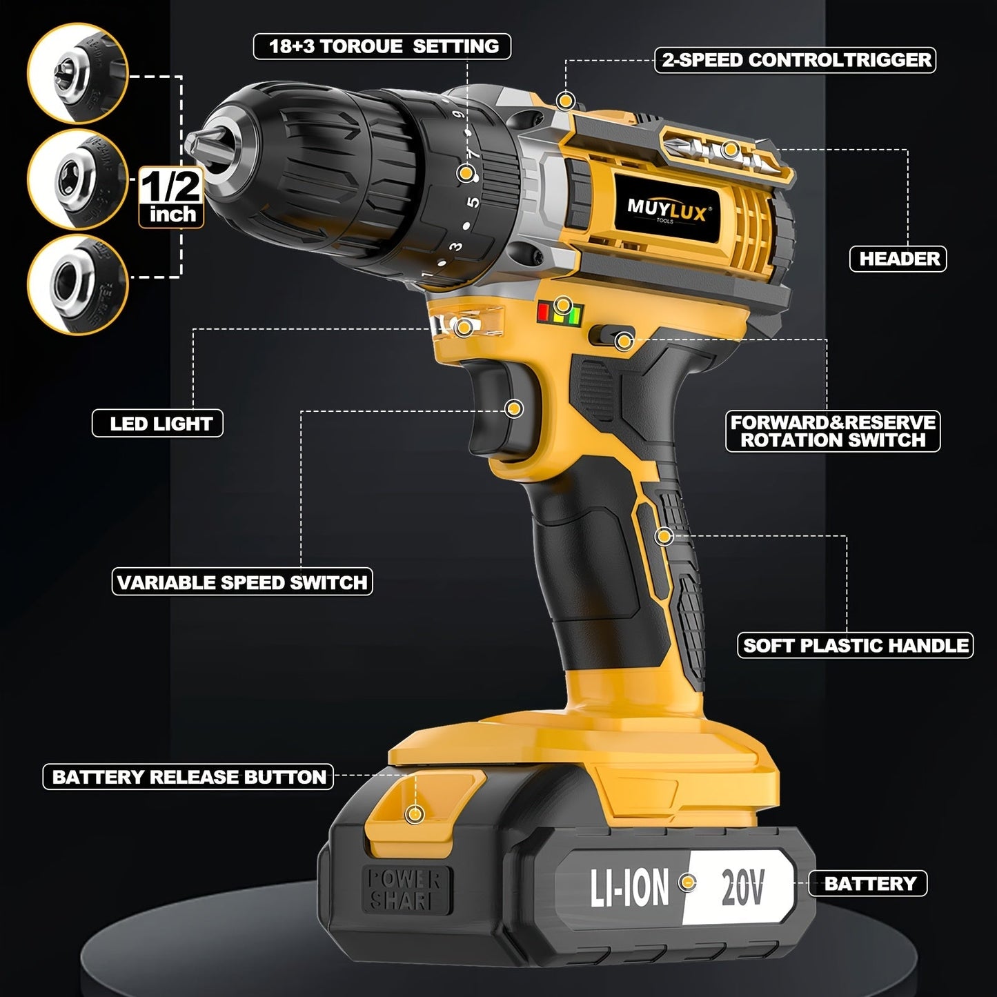 20V Cordless Drill Set with Battery & Fast Charger – Impact Power Drill, 45Nm Torque, 3/8" Keyless Chuck, 18+3 Clutch, 2-Speed, LED Work Light for Home & DIY