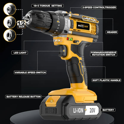 20V Cordless Drill Set with Battery & Fast Charger – Impact Power Drill, 45Nm Torque, 3/8" Keyless Chuck, 18+3 Clutch, 2-Speed, LED Work Light for Home & DIY
