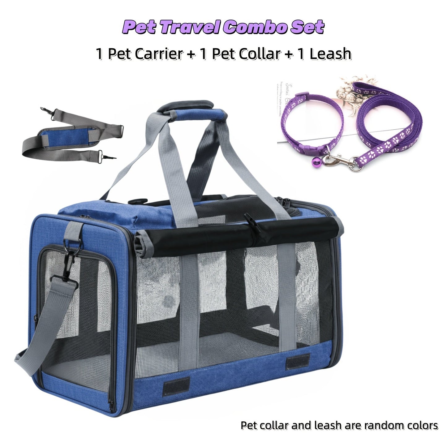 Airline Approved Soft-Sided Pet Carrier for Cats and Small Dogs - Breathable Collapsible Oxford Cloth Travel Crate with Privacy Cover Zipper Closure, Combo Set with Leash and Collar Included