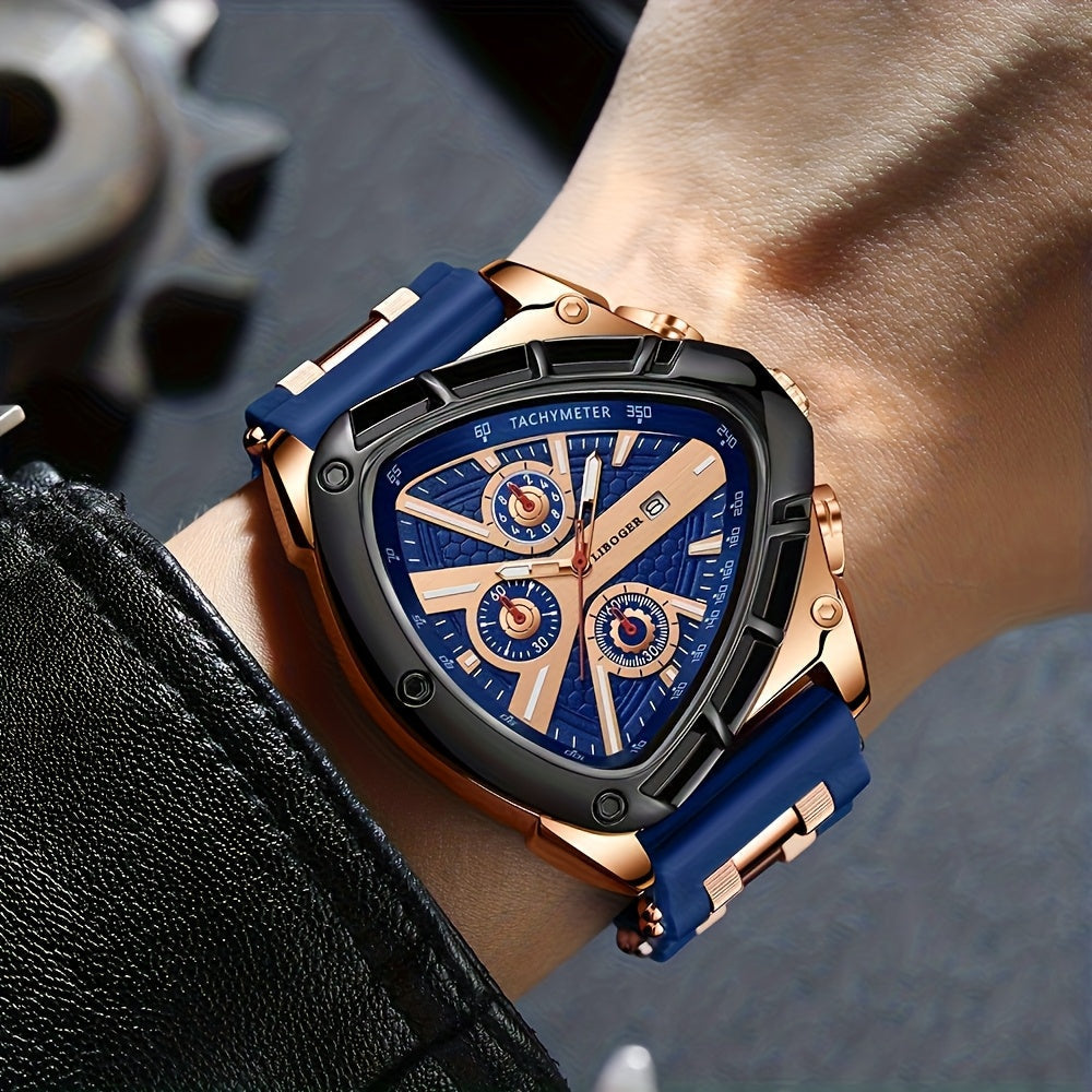 3pcs Men's Quartz Watch Set – Silicone Strap Date Display Triangular Dial, Fashion Sport Casual Wrist Watches for Men, Ideal Birthday Anniversary Gift Set