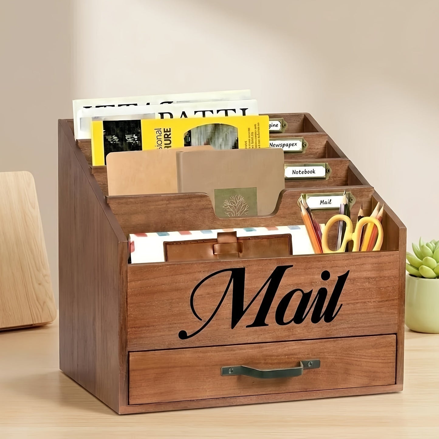 Large Solid Wood Desktop Mail Organizer with Drawer and 4 Compartments Labelable Dividers for Files Letters Paper Folders Desk Organizer for Home Office Students and Professionals