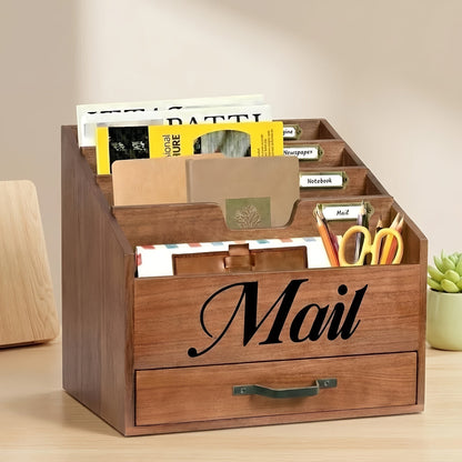 Large Solid Wood Desktop Mail Organizer with Drawer and 4 Compartments Labelable Dividers for Files Letters Paper Folders Desk Organizer for Home Office Students and Professionals