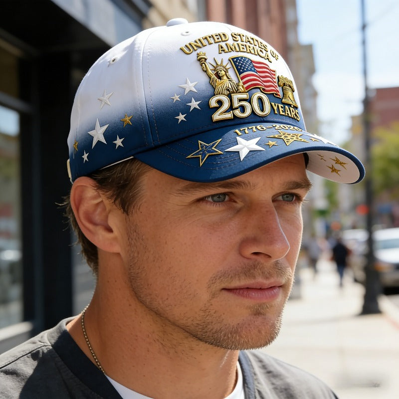 USA 250th Anniversary Patriotic 3D Print Baseball Cap – Statue of Liberty, Liberty Bell & Stars Design, Unisex Adjustable Sun Hat for July 4th, Outdoor Hiking & Commemorative Gift