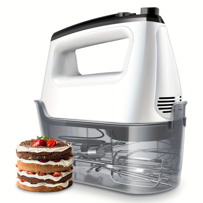 Electric Hand Mixer 5-Speed Plus Turbo with Storage Case & 5 Stainless Steel Attachments - 2 Beaters, 2 Dough Hooks, 1 Whisk, Handheld Kitchen Mixer for Baking, Silver