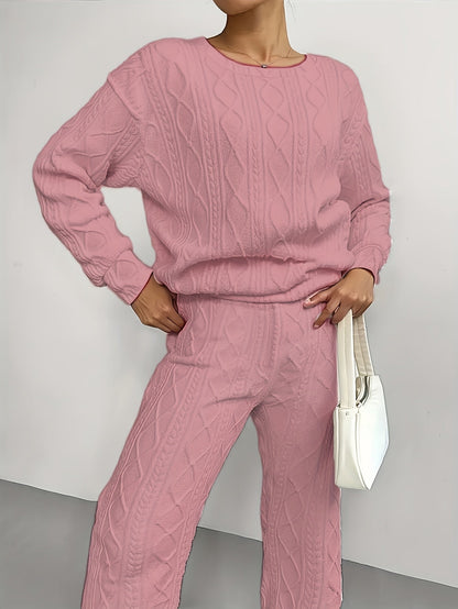 Women's 2-Piece Pullover Sweatsuit Set – Textured Jacquard Crewneck Long Sleeve Top & Sweatpants Tracksuit Breathable Casual Loungewear for Spring Summer S-XXL