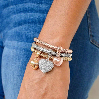 3PC Stainless Steel Stackable Bracelet Set for Women – Gold Silver Rose Gold Corn Chain & Heart Tree of Life Elastic Bracelet, Hypoallergenic Daily & Party Wear