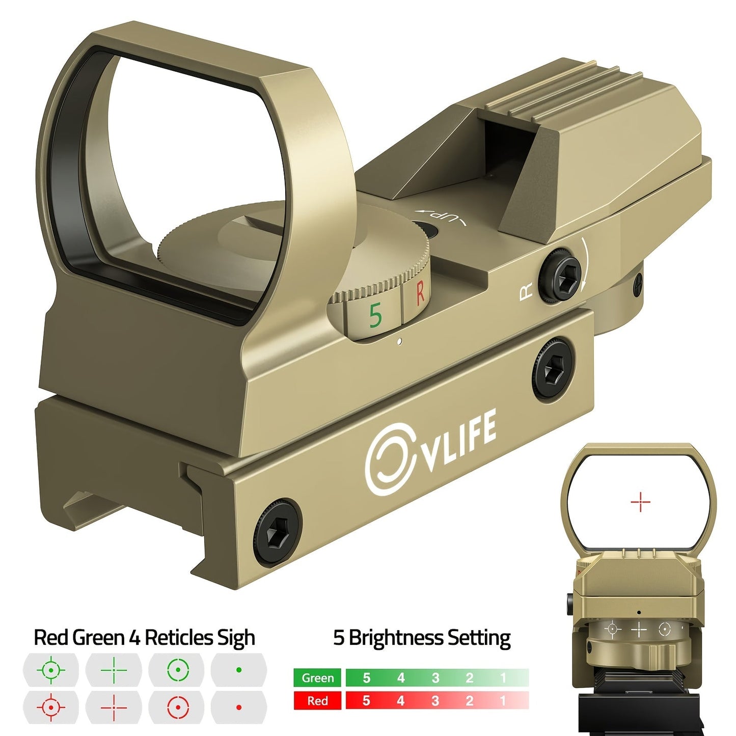 Red Green Dot Sight 1x22x33 with 20mm Picatinny Rail - 4 Reticles 5 Brightness Settings Wide Field of View Scope for Rifles Shotguns