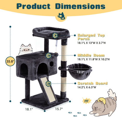 WEEWAY Corner Cat Tree Tower for Indoor Cats 36–81 Inch – Multi-Level Cat Furniture with Sisal Scratching Posts, Condo Cave, Hammock, Ramps, Plush Perches, Basket & Pompom Toys, Perfect Cat Gift