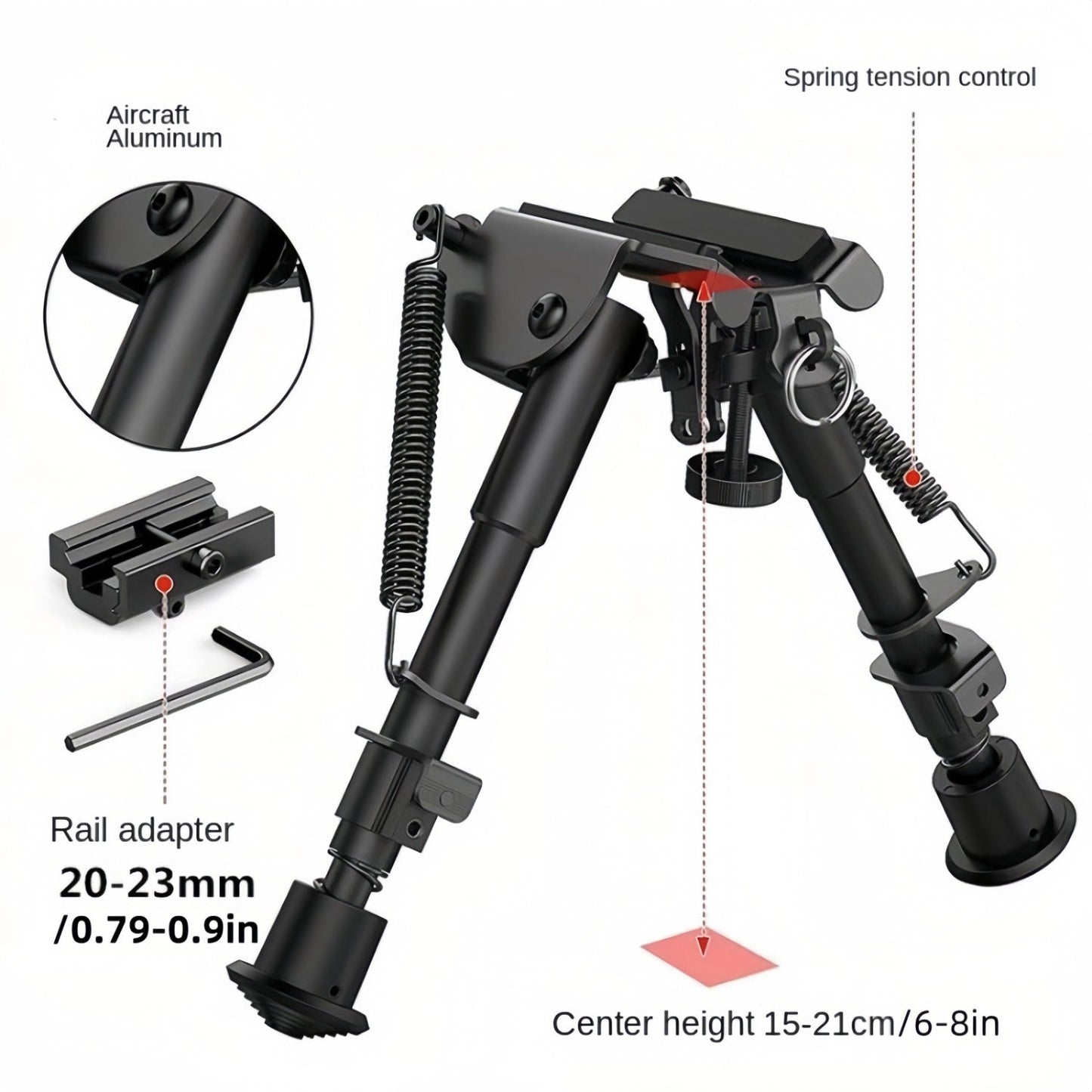 Adjustable Rifle Bipod 6-9 Inch 5 Height Settings Quick Release Adapter Foldable Retractable Lightweight Aluminum Alloy M-LOK Mount Rubber Feet for Hunting Shooting Outdoor Sports