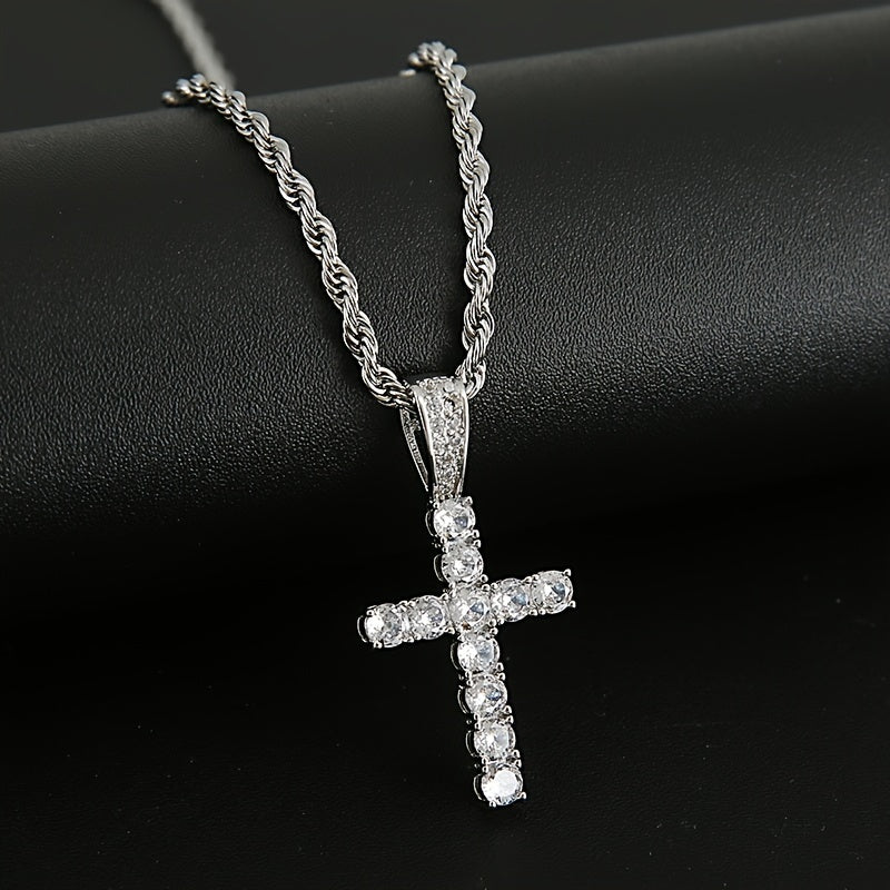 4-Piece Men's Punk Jewelry Set Quartz Watch Cuban Chain Necklace Bracelet and Cross Necklace with Rhinestone Details Hip Hop Style Gift for Men