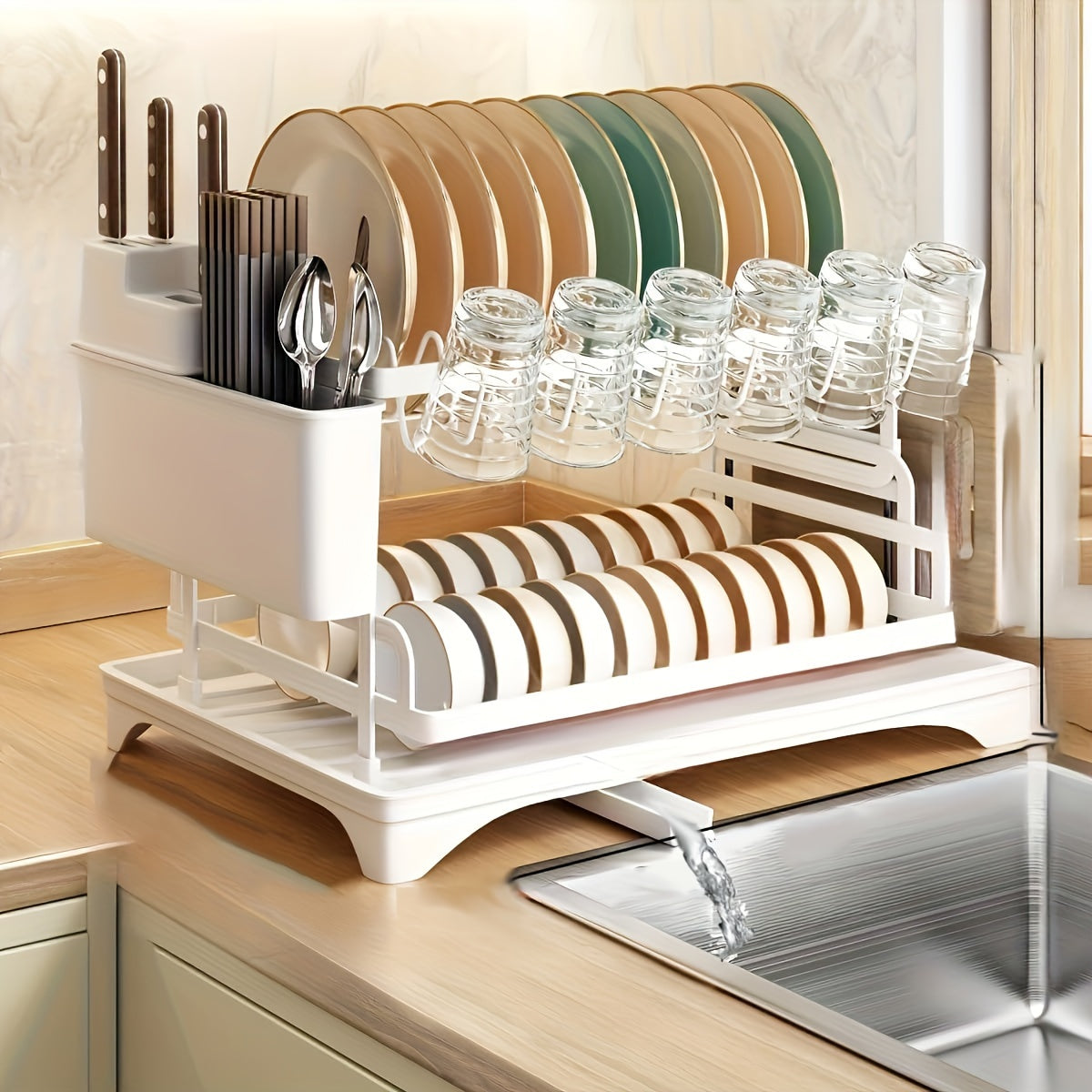 2-Tier Dish Drying Rack with Drainboard for Kitchen Counter – Large Capacity Metal Dish Drainer with Drain Tray, Organizer for Plates, Cups & Utensils, Available in Black, White & Gray