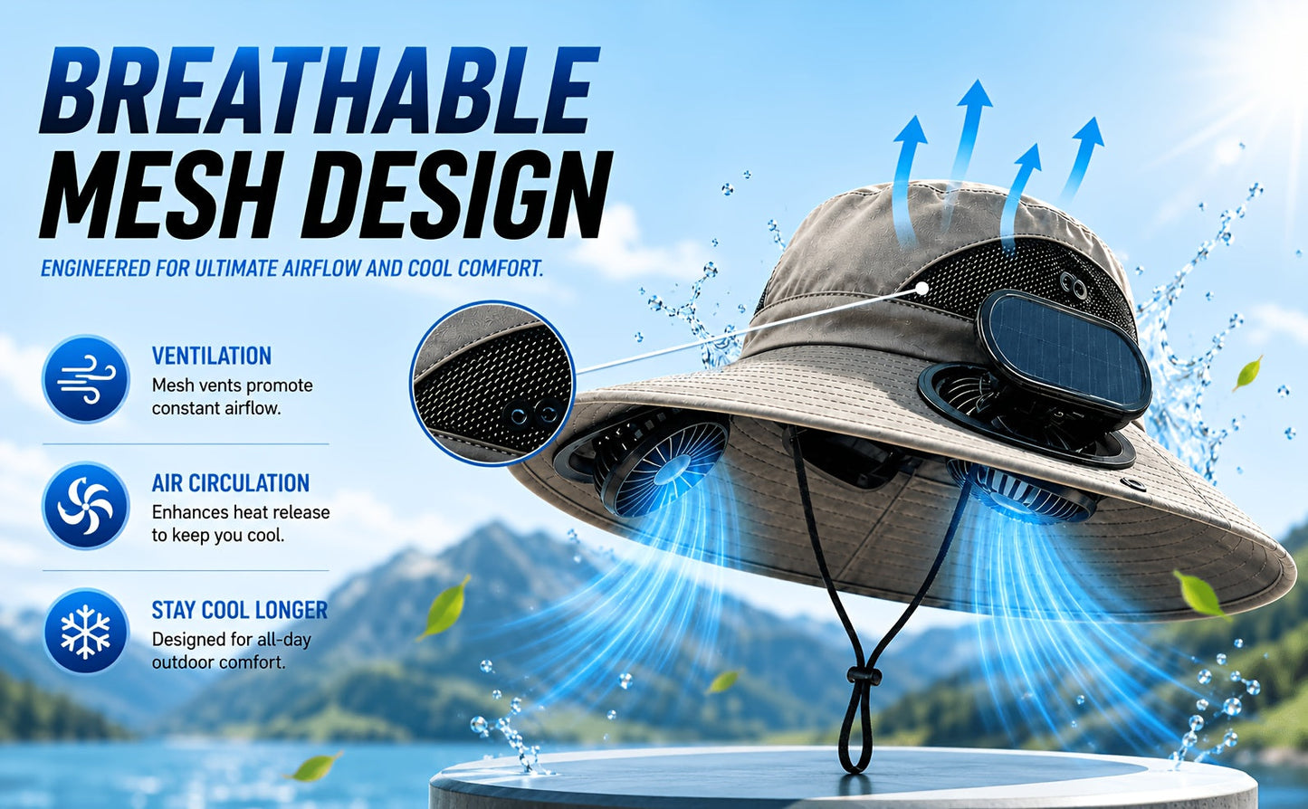 Solar Fan Hat for Men & Women – Wide Brim Sun Hat with Dual Cooling Fans Adjustable Airflow & UV Protection for Summer Travel Gardening Hiking Camping & Yard Work