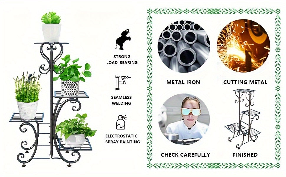 4 Tier Metal Plant Stand Indoor Outdoor Wrought Iron Corner Flower Pot Holder Display Rack Organizer for Garden Patio Balcony Lawn Office Planter Shelf Black