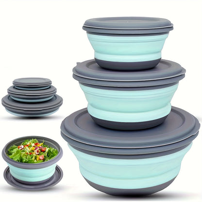 Collapsible Silicone Camping Bowls Set of 3 with Lids Folding Utensils and Storage Bag Stackable Portable Food Containers for Camping Hiking Travel Lunch Blue Pink