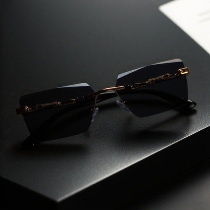 Unisex Luxury Frameless Sunglasses with Leopard Arms - UV400 Narrow Rectangular Lens Black & Gold Fashion Eyewear for Men & Women, Includes Protective Case & Cleaning Cloth for Driving Travel & Parties