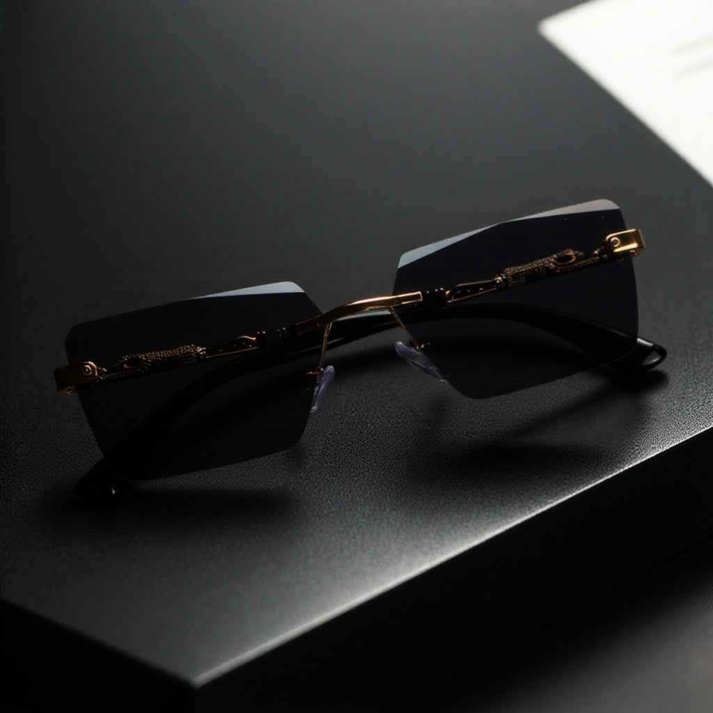 Unisex Rimless Leopard Sunglasses - UV400 Narrow Rectangular Frameless Shades in Black & Gold, Premium Fashion Eyewear for Men & Women, Includes Case & Cloth, Great for Parties Travel & Festivals