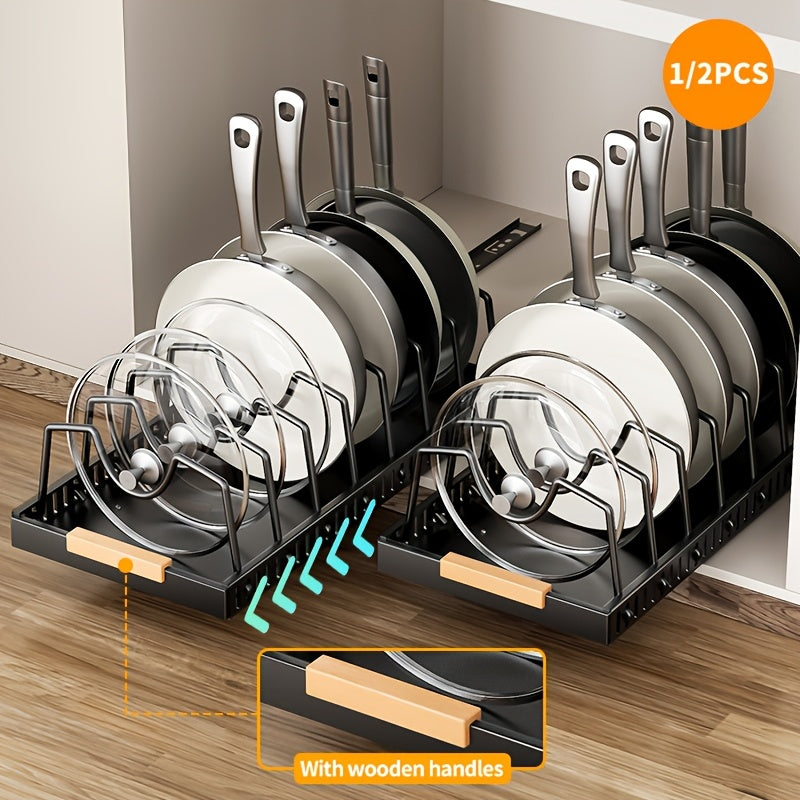 Pull-Out Pot & Pan Cabinet Organizer with Sliding Lid Rack – 8/16 Adjustable Dividers, Drill-Free Install, Kitchen Sliding Storage Box for Lids, Baking Tools & Plates – 1pc or 2pcs, Black & White