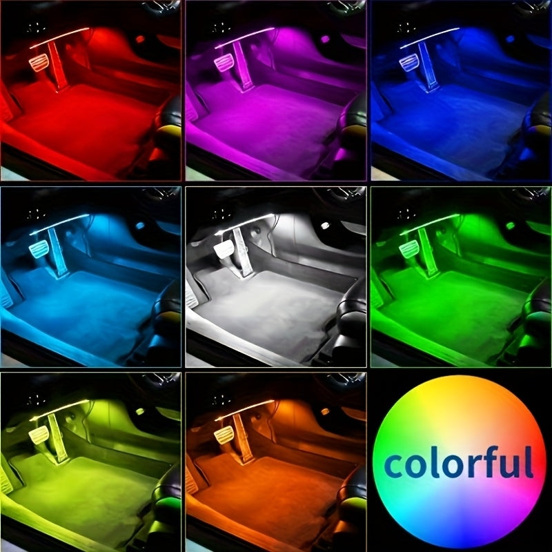 Music Sync LED Car Interior Lights – 4pcs USB Powered RGB Underfoot Ambient Lighting Kit with App & Remote Control, Colorful Atmosphere Lights for Car Truck SUV, No Battery Required