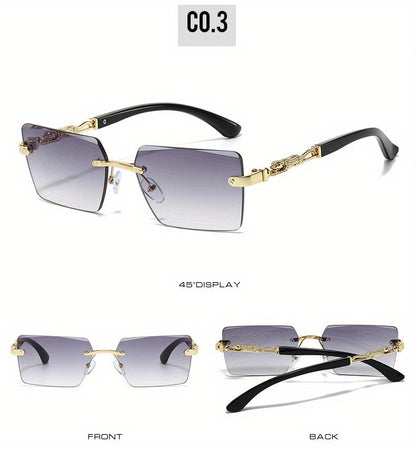 Unisex Rimless Leopard Sunglasses - UV400 Narrow Rectangular Frameless Shades in Black & Gold, Premium Fashion Eyewear for Men & Women, Includes Case & Cloth, Great for Parties Travel & Festivals