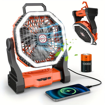 Rechargeable Portable Camping Fan with LED Light & Hanging Rope - 4-Speed USB Battery Powered Tent Fan for Outdoor Travel Indoor Home